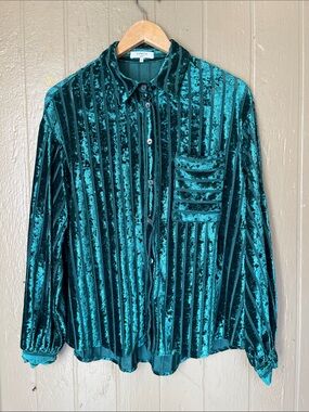 French Paris Velvet Stripe Button-Up Shirt in green Size S/M